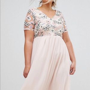 ASOS Curve Maxi Dress blush V neck cut with sequins and sheer sleeves. US 18